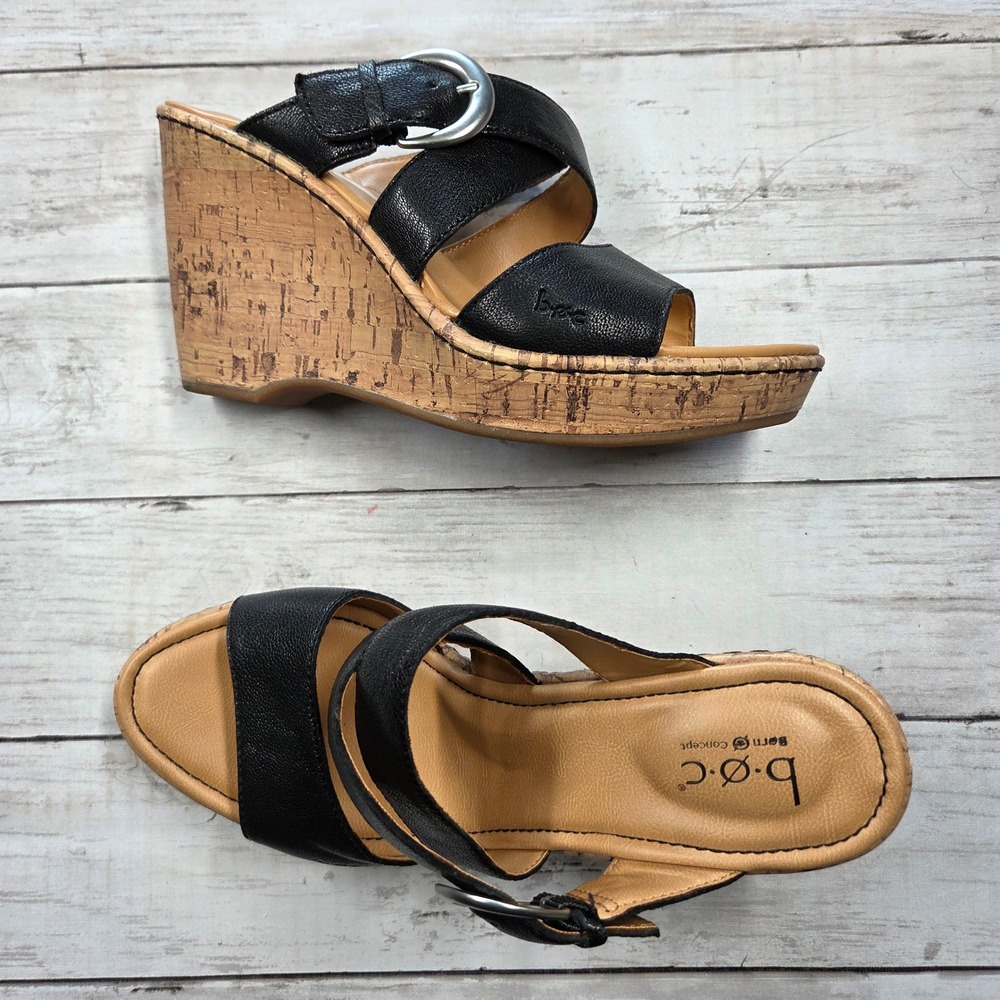 b.o.c. Born Concept Wedge Sandal Women 9 Black C94603 Cork Platform Buckle Strap